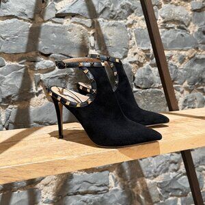 Valentino Black Suede Rockstud Accent Open Heel Booties